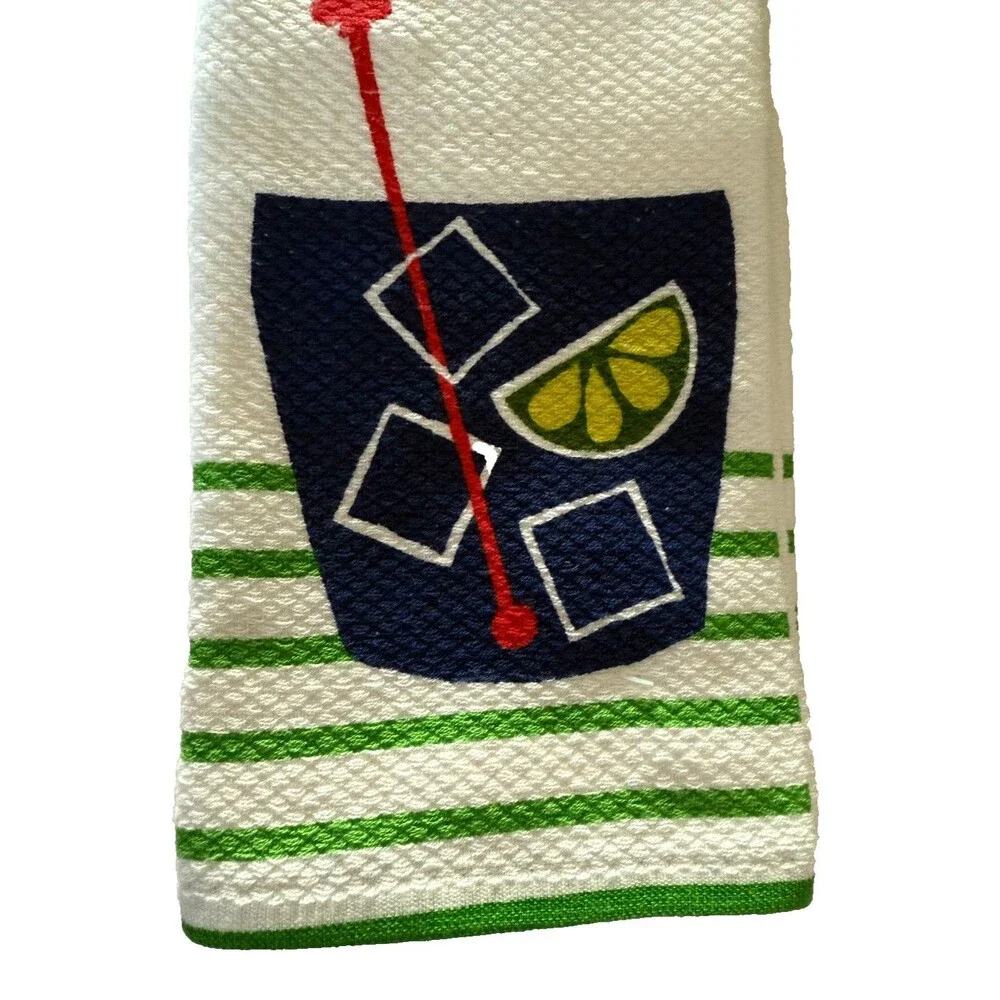 Kate Spade Kitchen Dish Towels Drinks Cocktails Martinis Cotton White Set of 2